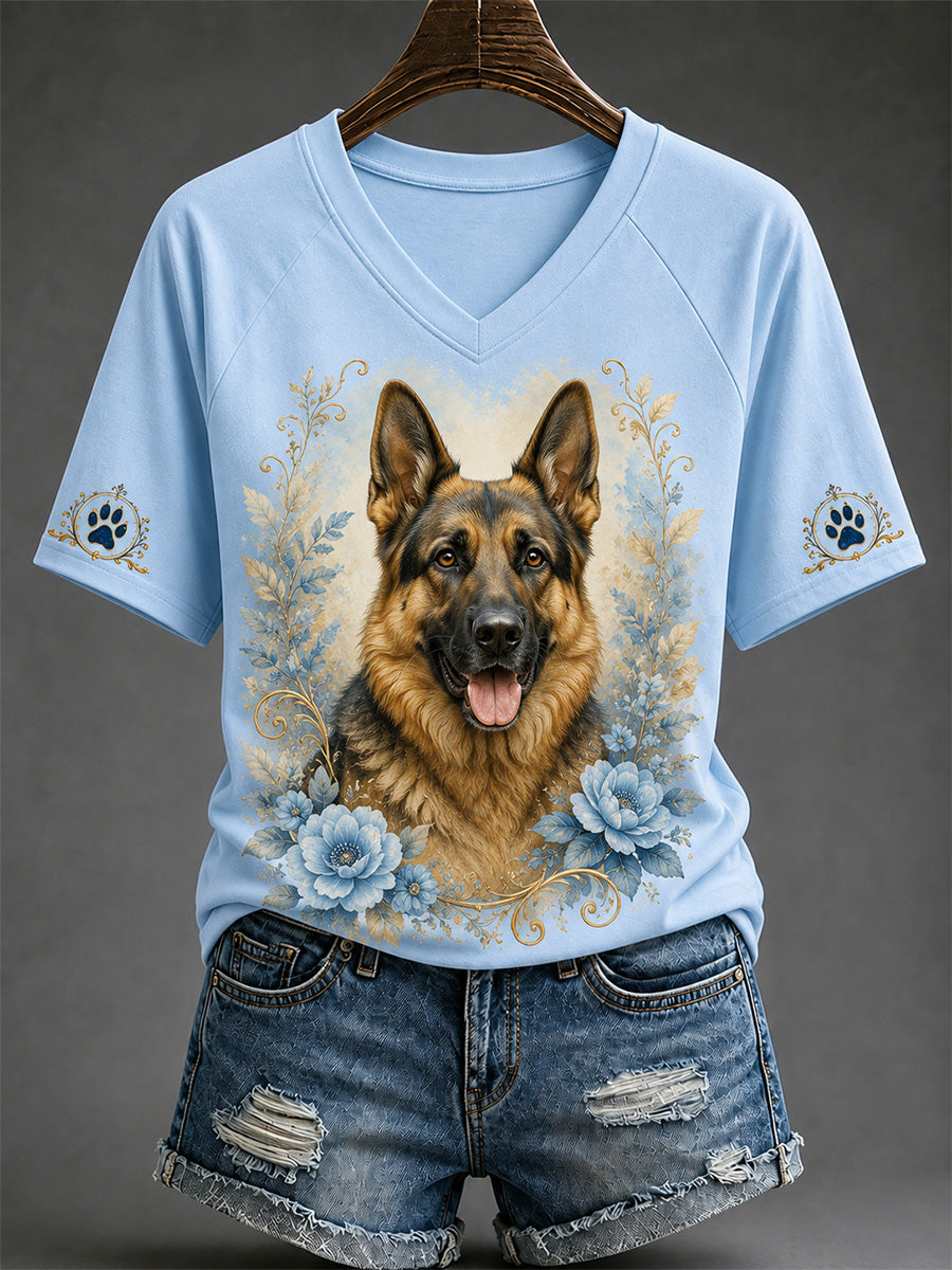 Women's Retro Dog Print Casual V-Neck Tee