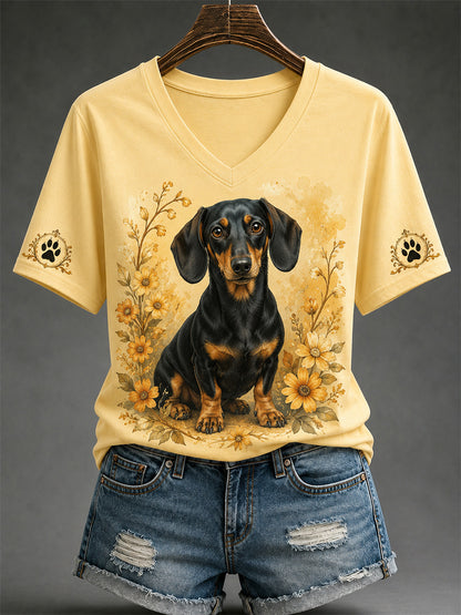 Women's Retro Dog Print Casual V-Neck Tee