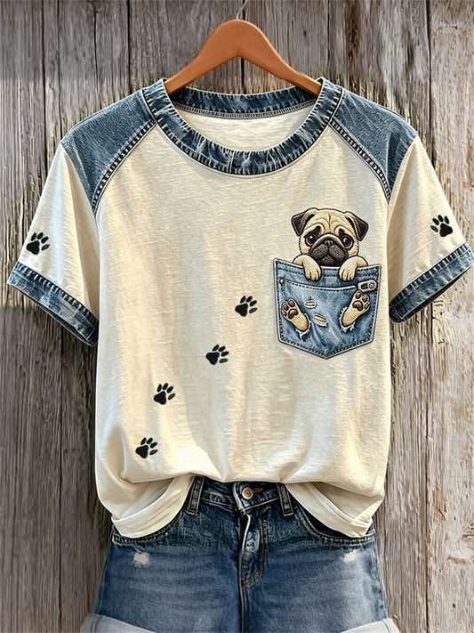 Women's Pug Dog Fake Pocket & Paw Prints Denim Patchwork Print T-shirts