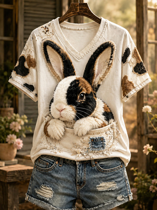 Women's Fun Retro Rabbit V-Neck Off-Shoulder Short-Sleeved T-Shirt