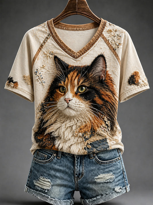 Women's Fun Retro Cats V-Neck Off-Shoulder Short-Sleeved T-Shirt