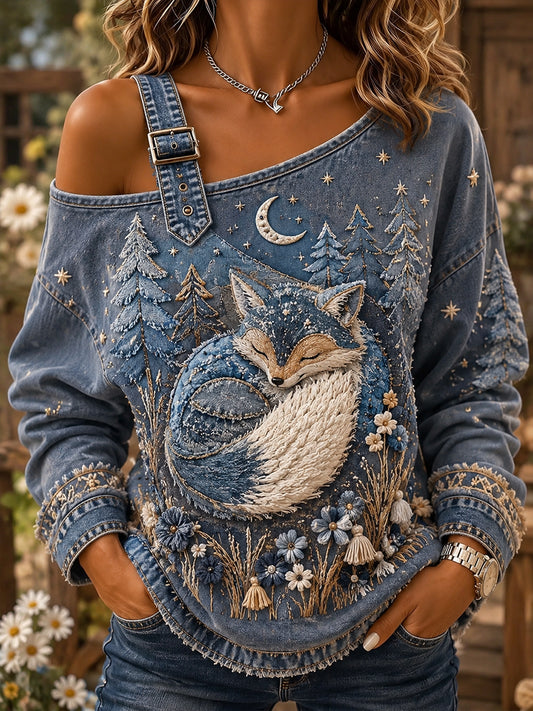 Women's Playful Retro Forest Fox Patchwork Print Casual Off-Shoulder Sweatshirt
