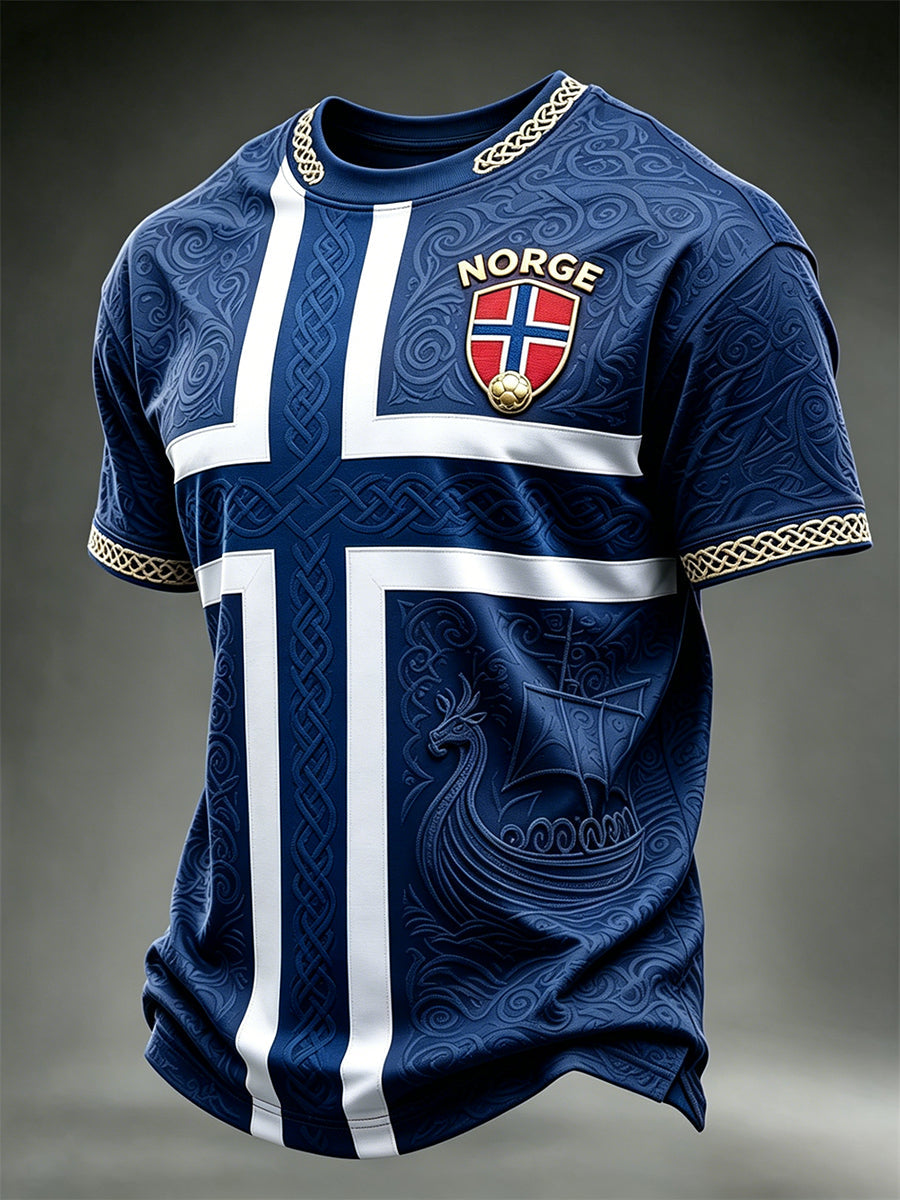 Men's Viking Ship Norway Football & Flag Colorblock Print short sleeves t-shirt