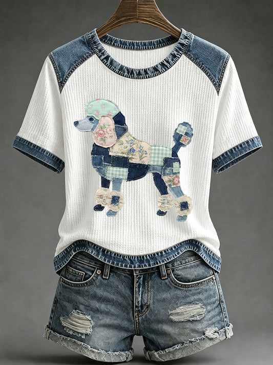 Women's Floral Plaid Denim Dog Art Waffle Print Casual T-Shirt