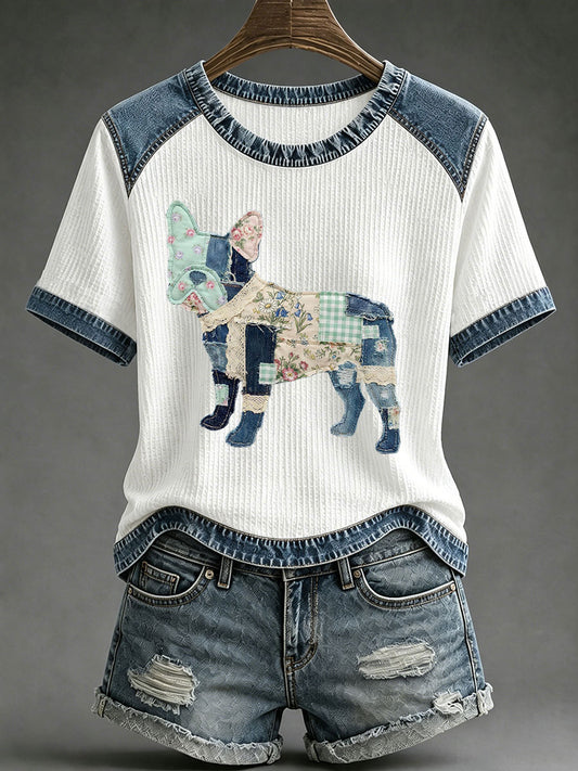 Women's Floral Plaid Denim Dog Art Waffle Print Casual T-Shirt