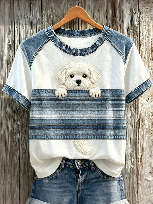 Women's Peeking Maltese Dog Denim Patchwork Print T-shirts