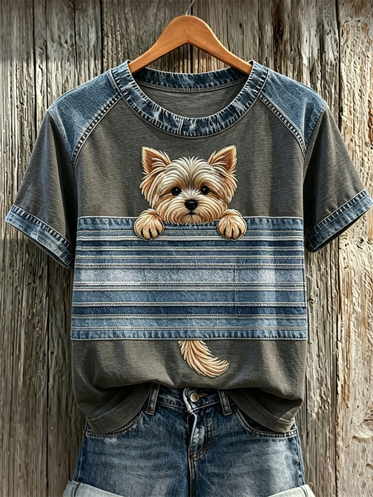 Women's Peeking Yorkshire Terrier Dog Denim Patchwork Print T-shirts