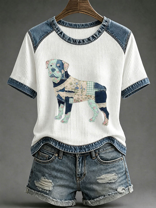 Women's Floral Plaid Denim Dog Art Waffle Print Casual T-Shirt