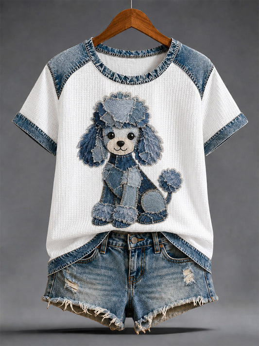 Women's Denim Patchwork Dog Print Waffle Casual Tee