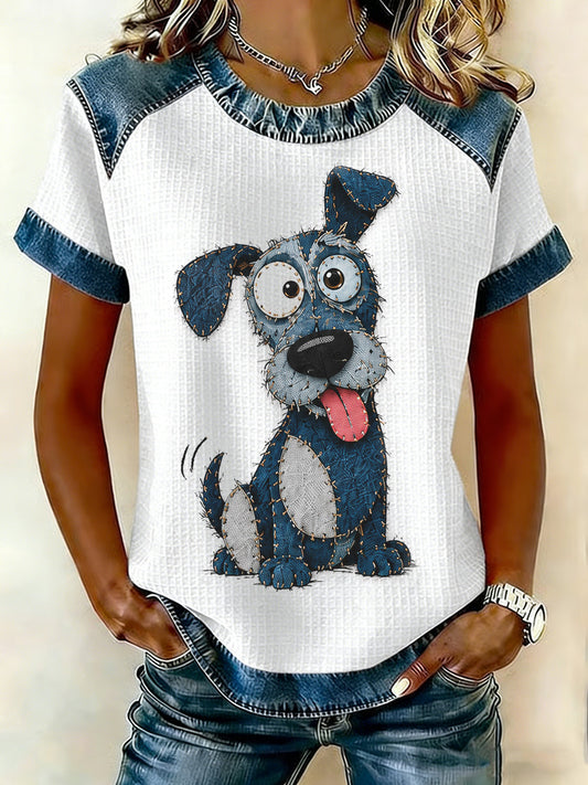 Women's Denim Patchwork Dog Print Waffle Casual Tee