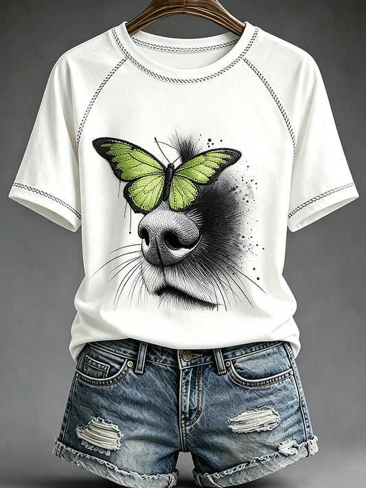 Women's Animal Dog Printed Vintage Fashion Loose Short Sleeve T-Shirt