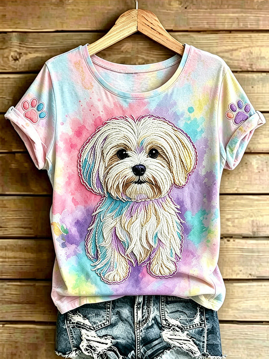 Women's Animal Dog Printed Vintage Fashion Loose Short Sleeve T-Shirt