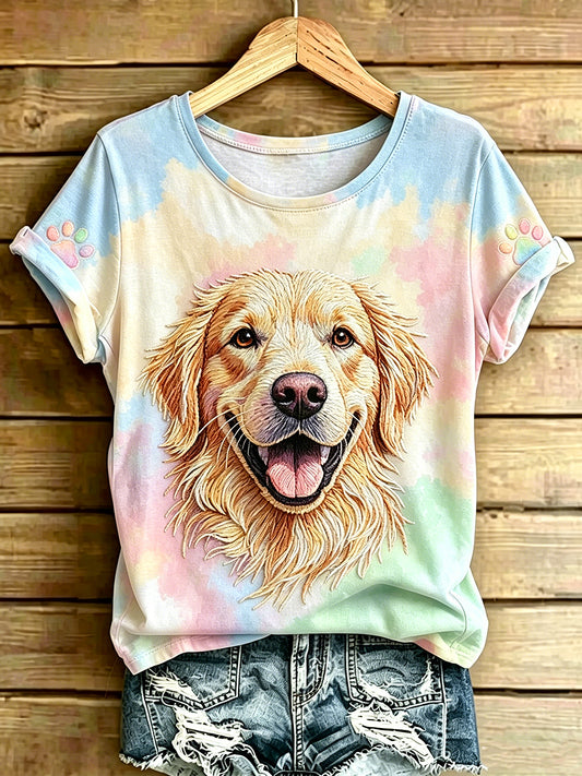 Women's Animal Dog Printed Vintage Fashion Loose Short Sleeve T-Shirt