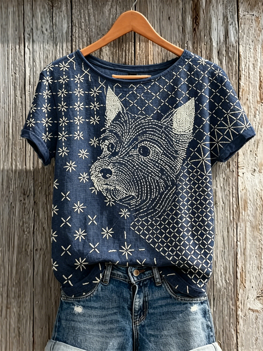 Women's YorkshireTerrier Dog Japanese Sashiko Art Print linen short-sleeved T-shirt