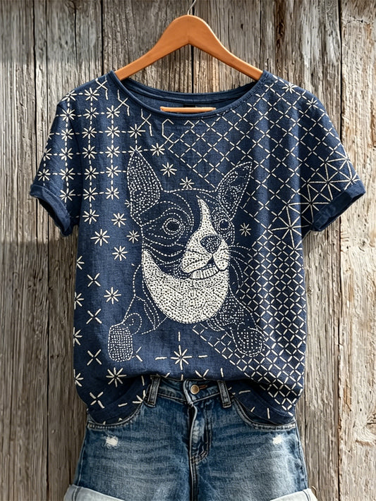 Women's Bulldog Japanese Sashiko Art Print linen short-sleeved T-shirt