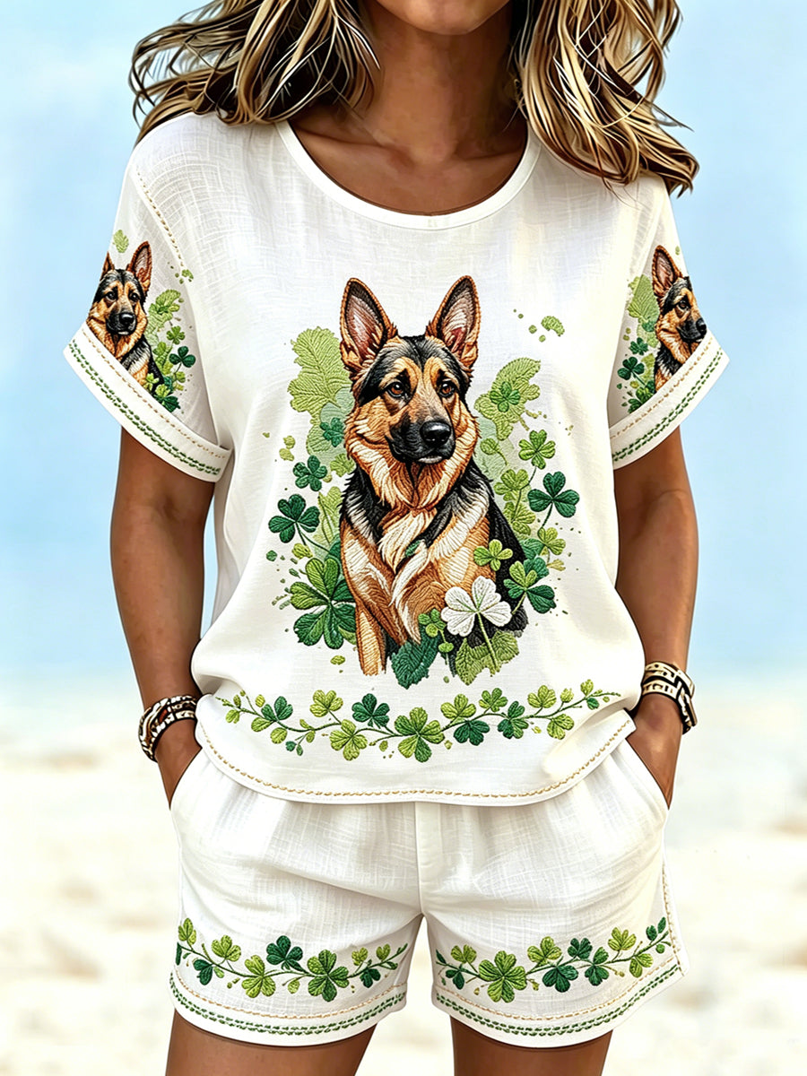 Women's Floral Animal Dog Print Cotton Linen Short Sleeve Set