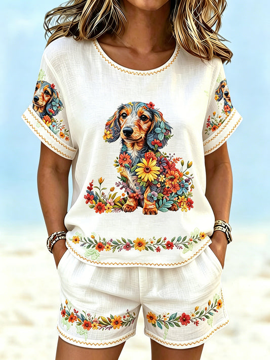 Women's Floral Animal Dog Print Cotton Linen Short Sleeve Set