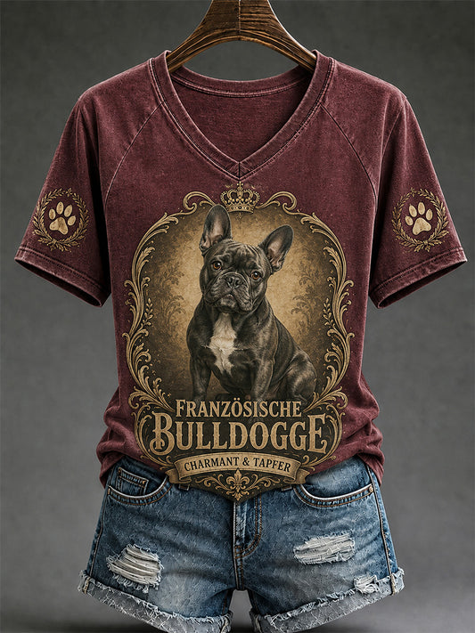 Women's Retro Dog Print Casual V-Neck Tee