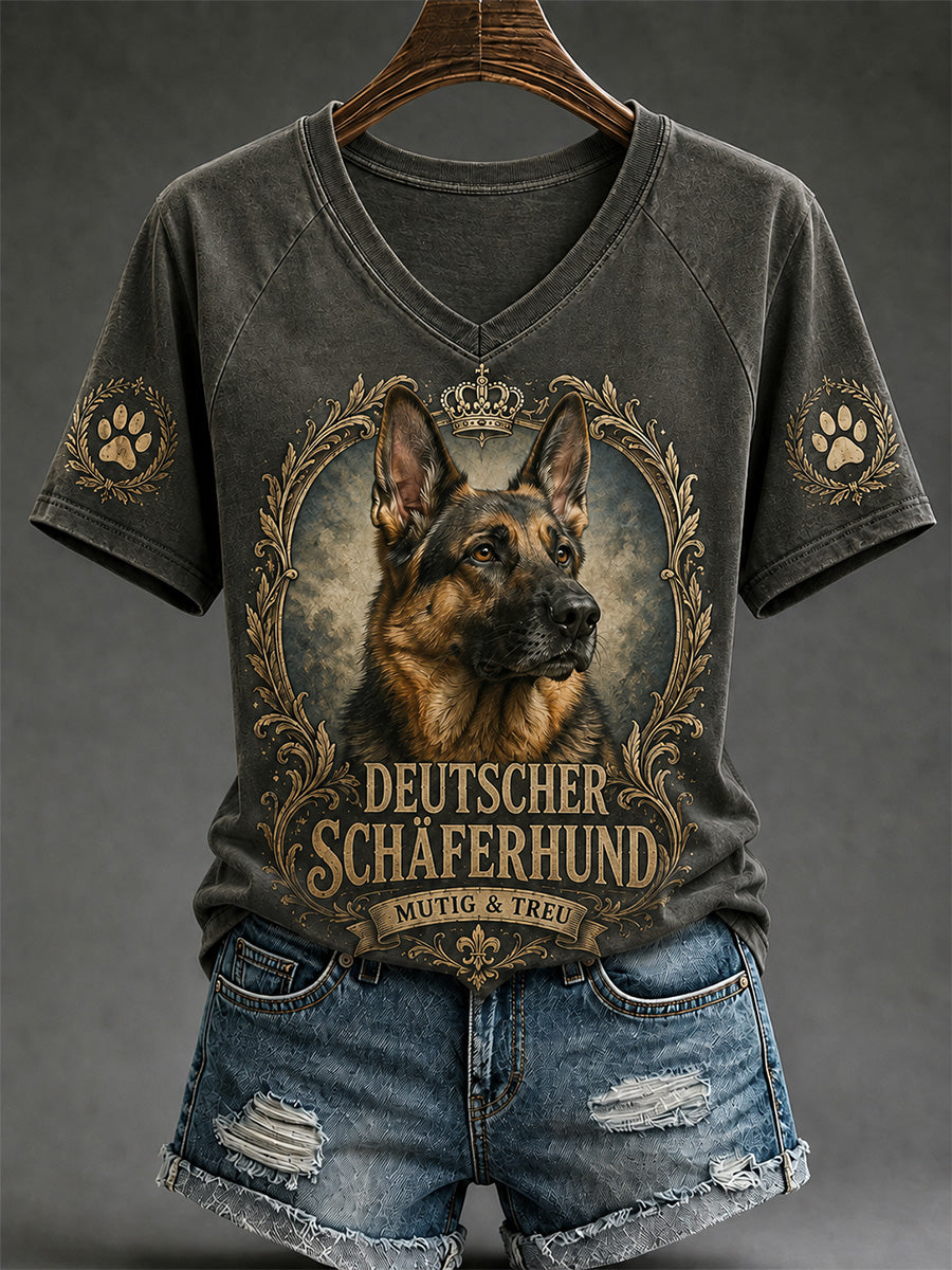 Women's Retro Dog Print Casual V-Neck Tee
