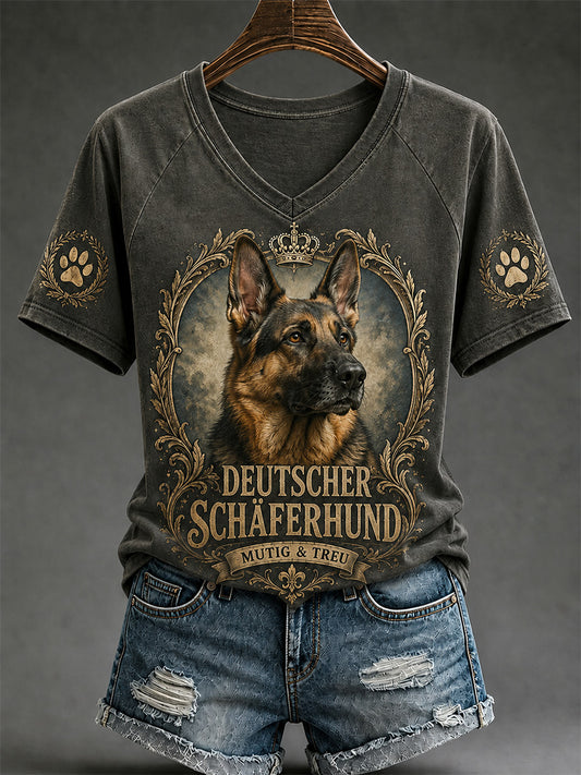 Women's Retro Dog Print Casual V-Neck Tee