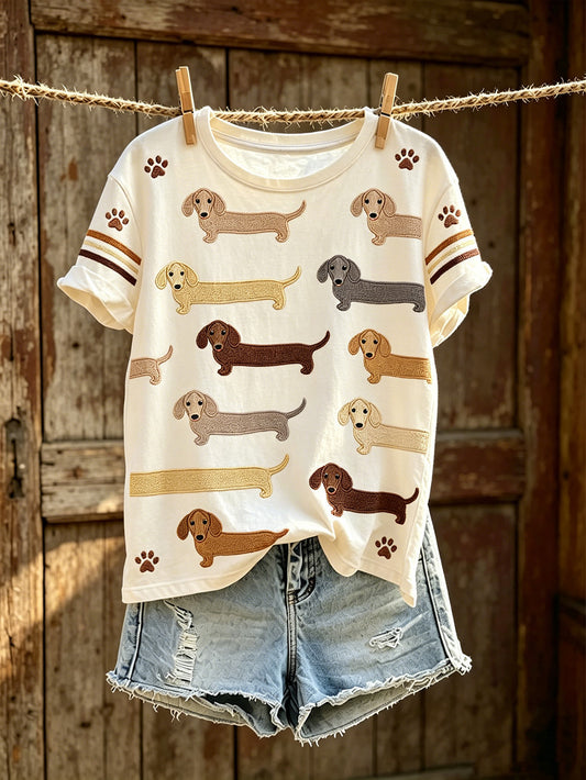 Women's cut dog pattern printed round neck short sleeve T-shirt