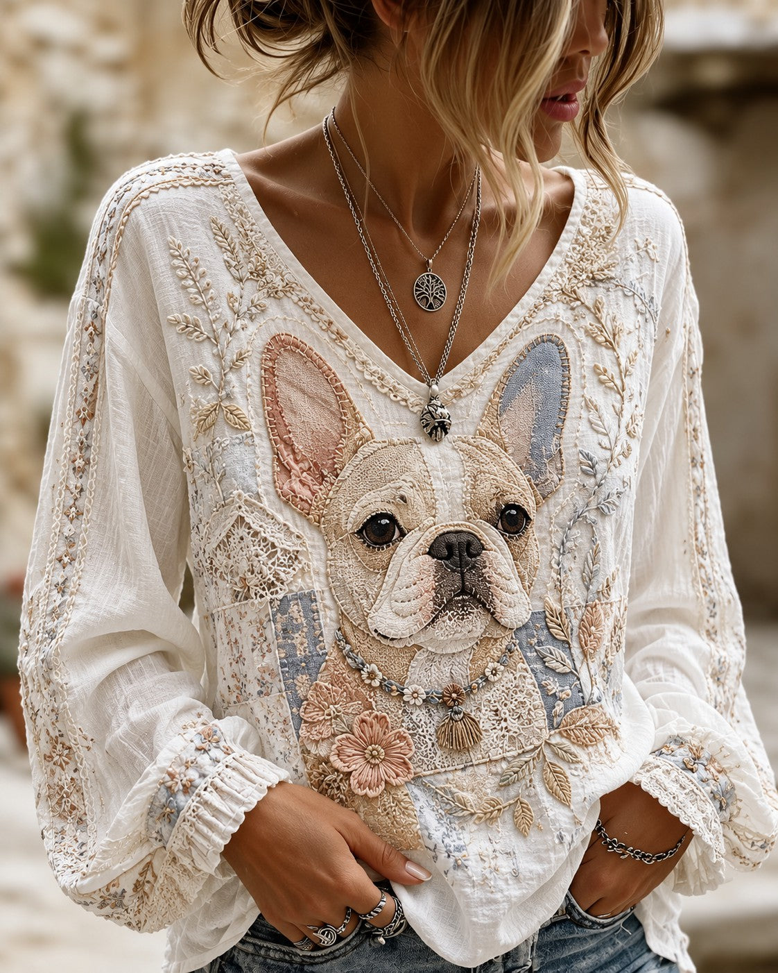 Women's Art Dog Printed Cotton-Linen Shirt