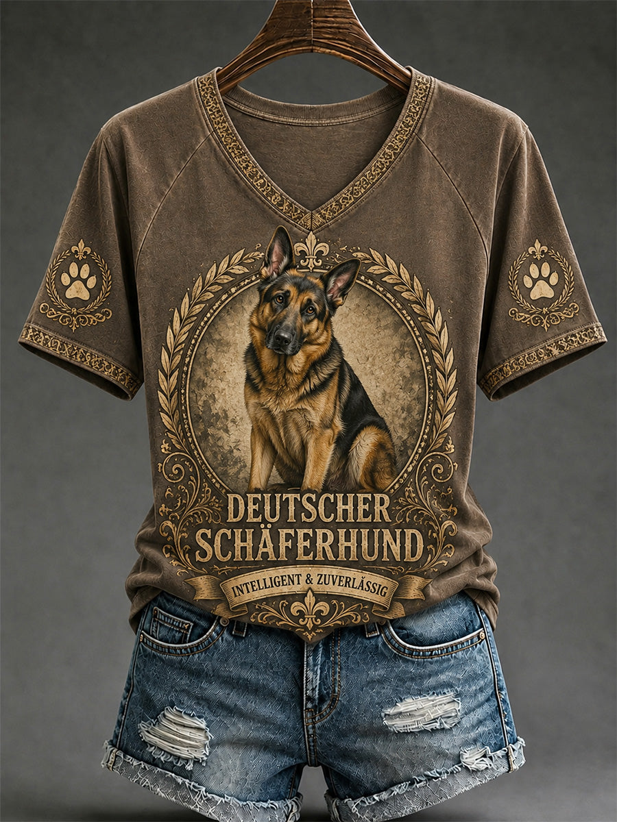 Women's Retro Dog Print Casual V-Neck Tee
