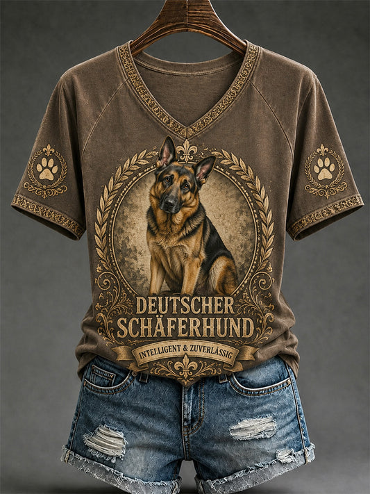 Women's Retro Dog Print Casual V-Neck Tee