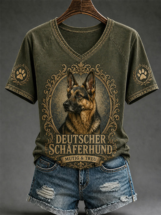 Women's Retro Dog Print Casual V-Neck Tee