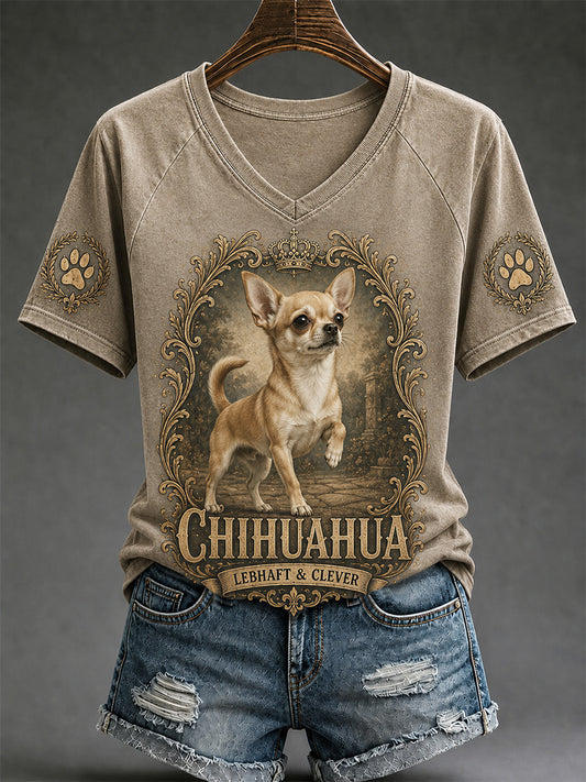 Women's Retro Dog Print Casual V-Neck Tee
