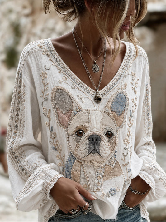 Women's Art Dog Printed Cotton-Linen Shirt