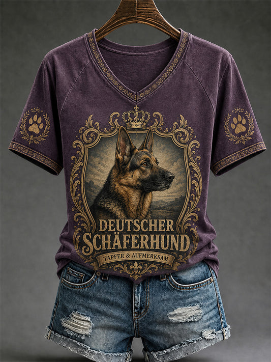 Women's Retro Dog Print Casual V-Neck Tee