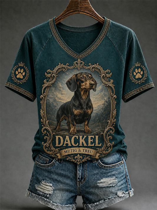 Women's Retro Dog Print Casual V-Neck Tee