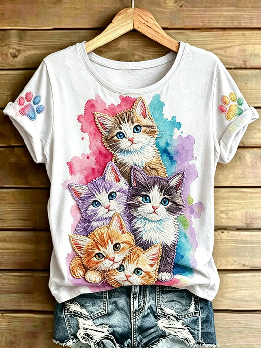 Women's Animal Cat Printed Vintage Fashion Loose Short Sleeve T-Shirt