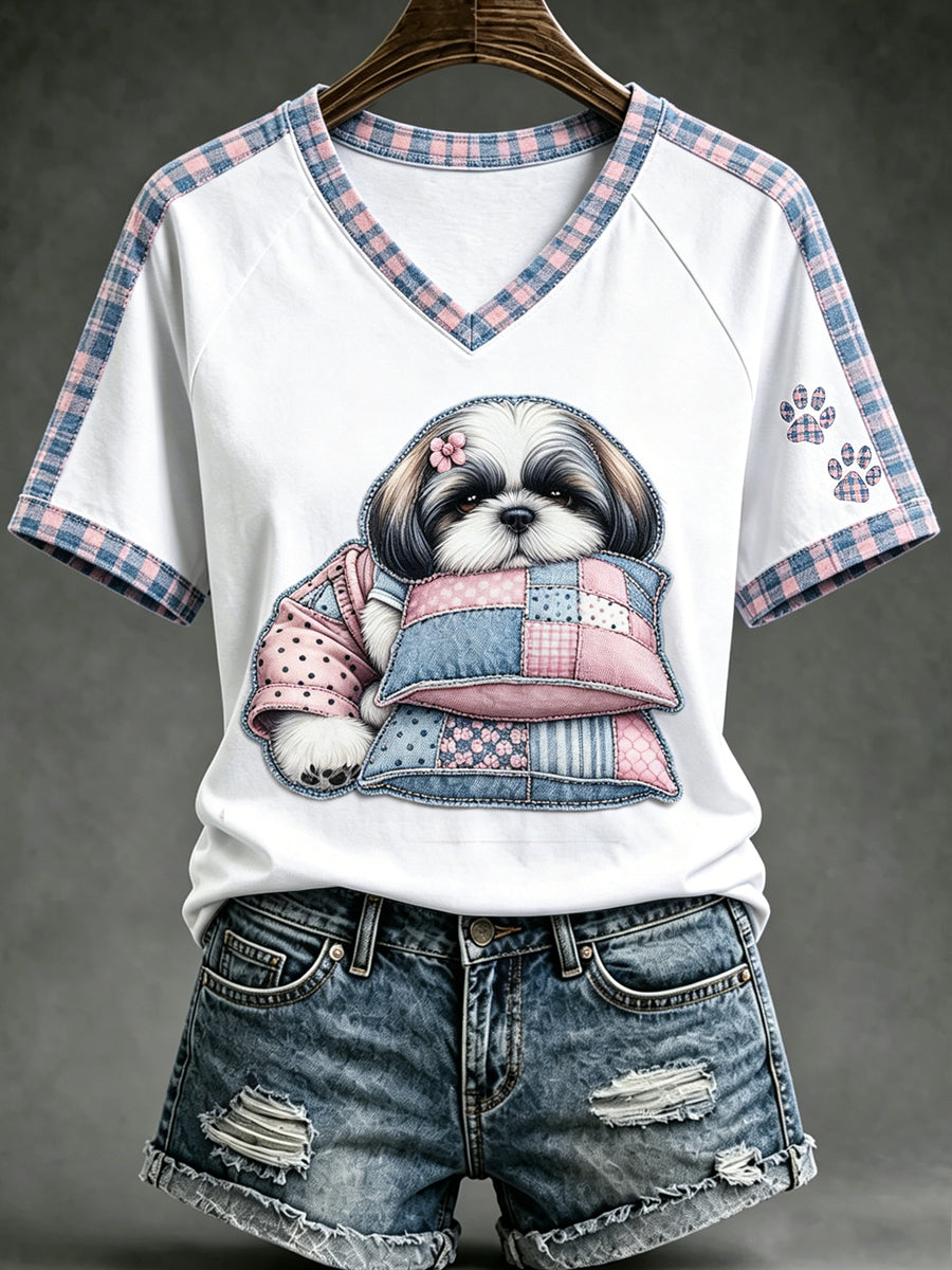 Women's Animal Cute Dogs Printed Vintage Fashion Loose Short Sleeve T-Shirt