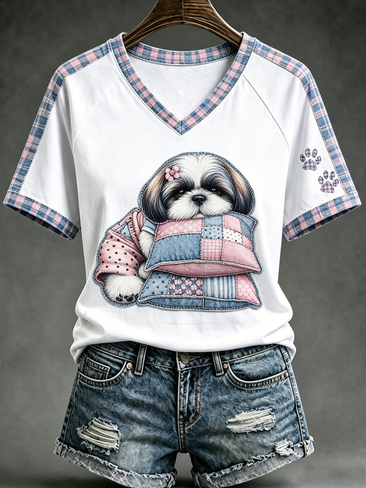 Women's Animal Cute Dogs Printed Vintage Fashion Loose Short Sleeve T-Shirt