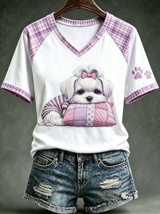 Women's Animal Cute Dogs Printed Vintage Fashion Loose Short Sleeve T-Shirt
