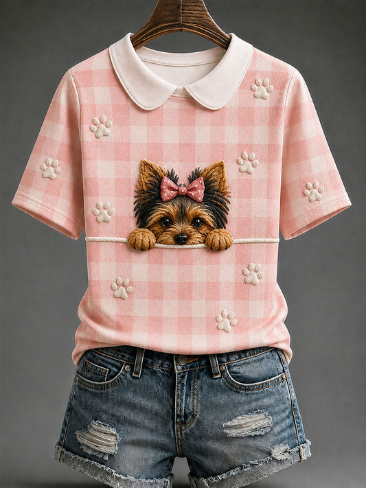 Women's Yorkshire Terrier Plaid Print Casual T-Shirt