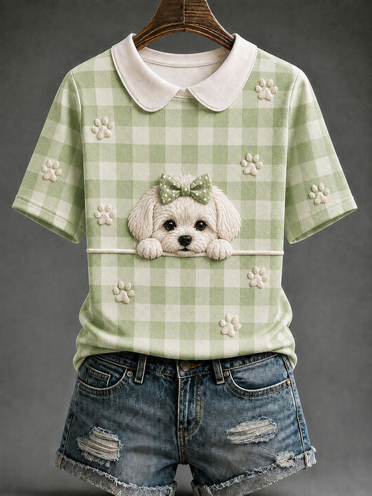 Women's Maltese Dog Plaid Print Casual T-Shirt