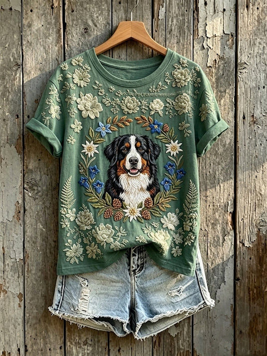 Women's Cute Floral Bernese Mountain Dog Print Short-sleeved T-shirt