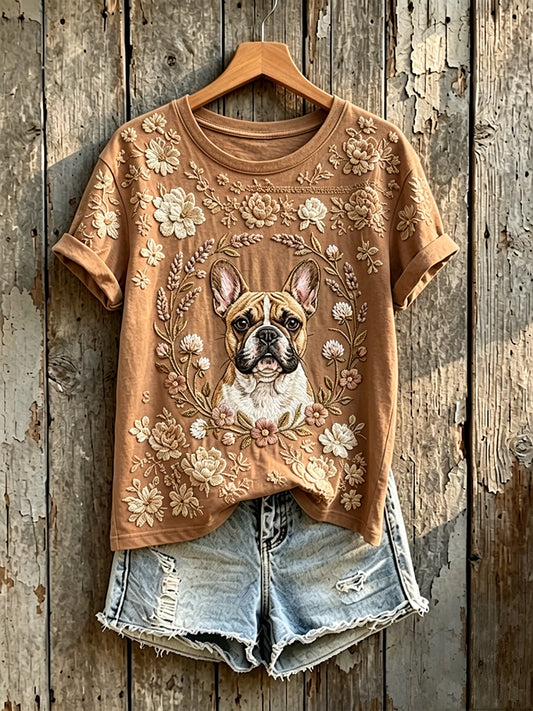 Women's Lovely Floral French Bulldog Print Short-sleeved T-shirt