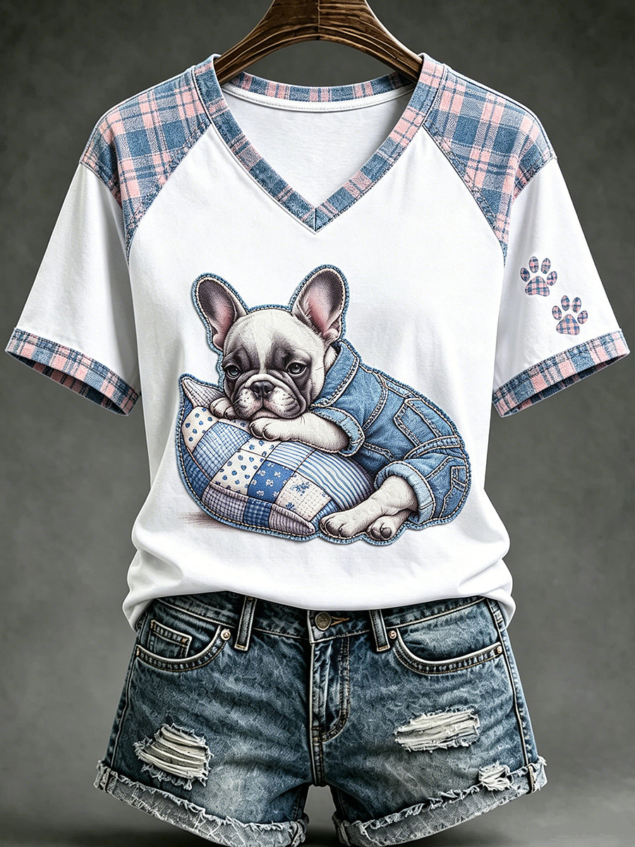 Women's Animal Cute Dogs Printed Vintage Fashion Loose Short Sleeve T-Shirt