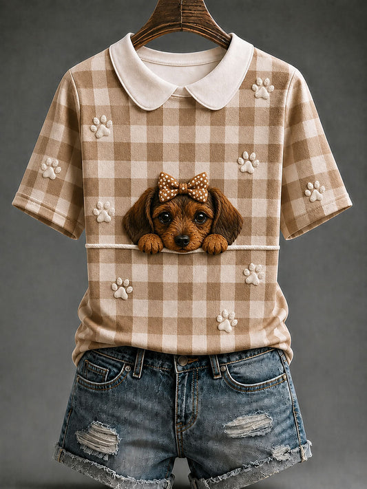Women's Dachshund Plaid Print Casual T-Shirt