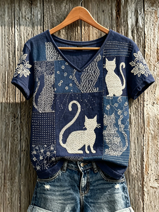 Women's Cats Japanese Sashiko Art Print linen short-sleeved T-shirt