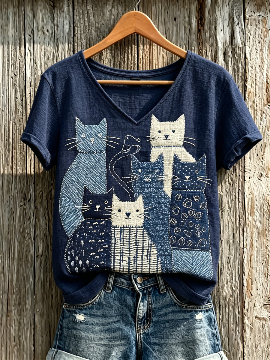 Women's Cats Patchwork Japanese Sashiko Art Print linen short-sleeved T-shirt