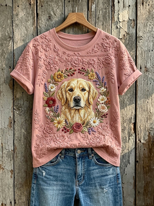 Women's Cute Floral Golden Retriever Print Short-sleeved T-shirt