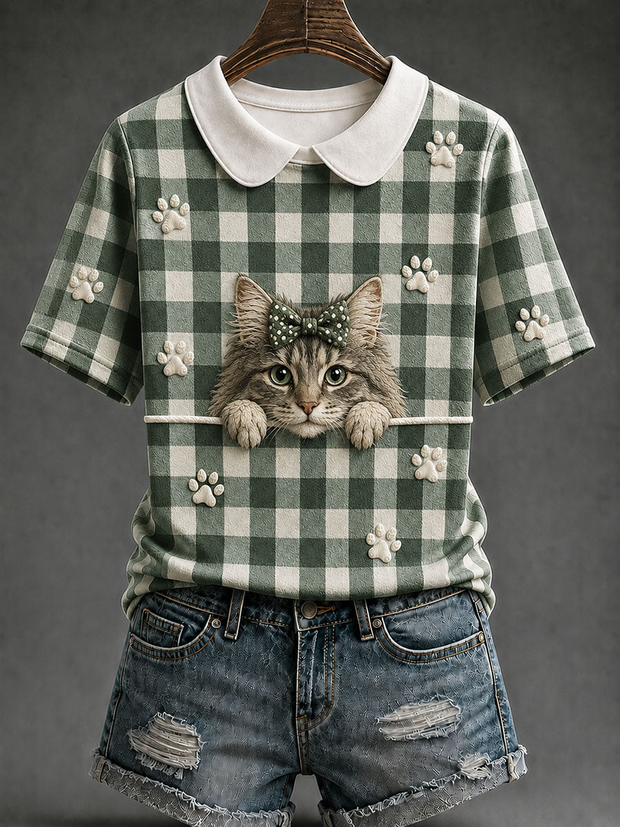 Women's Maine Coon Cat Plaid Print Casual T-Shirt