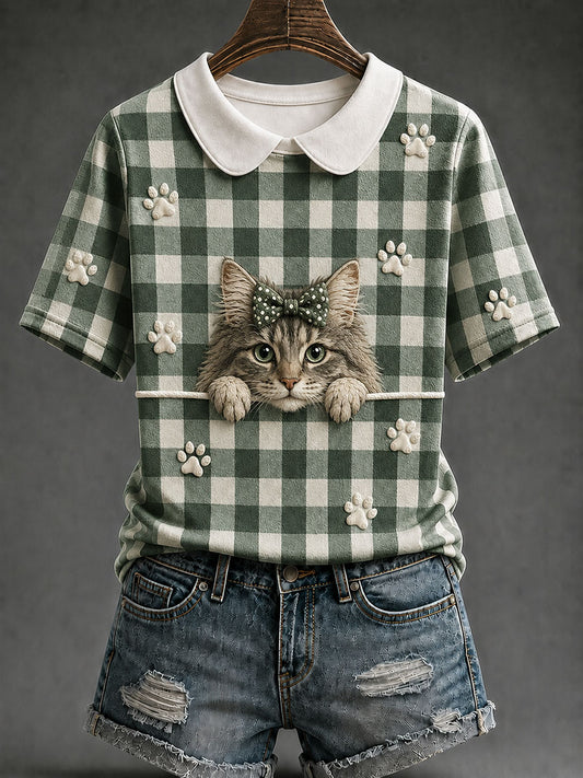 Women's Maine Coon Cat Plaid Print Casual T-Shirt