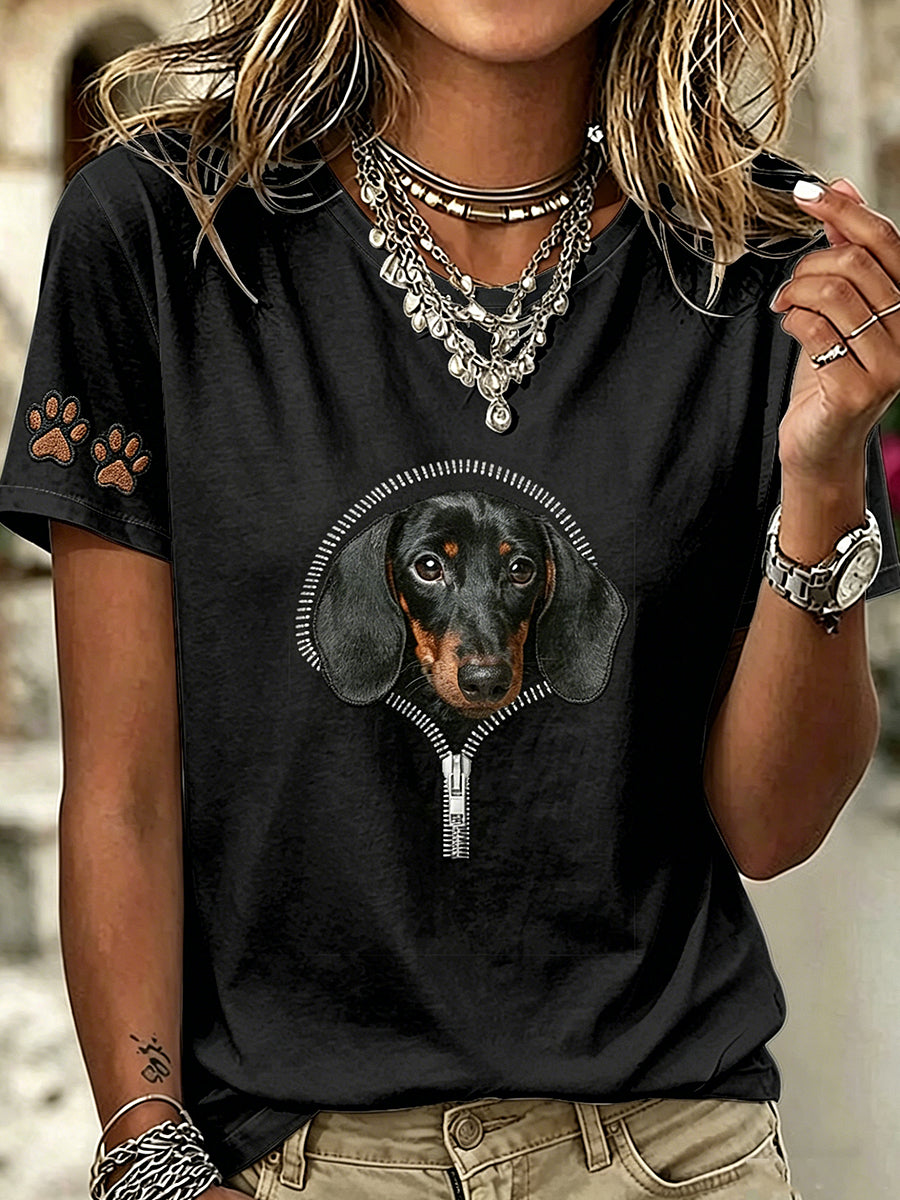 Women's Animal Funny Dogs Printed Vintage Fashion Loose Short Sleeve T-Shirt