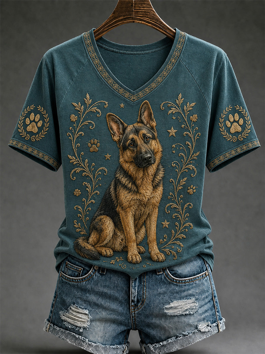 Women's Retro Dog Print Casual V-Neck Tee